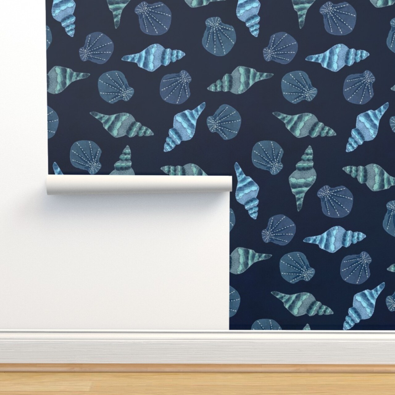 Blue Shells Coastal Seashells Under The Sea Beach Ocean Nautical Custom Removable Wallpaper by Spoonflower Peel & Stick Wallpaper 2FT Wide